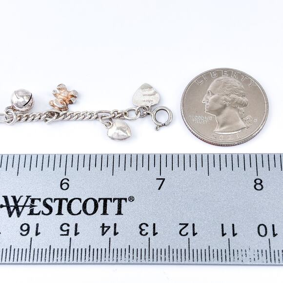 Vintage Sterling Silver Charm Bracelet | Hearts, Bells & Teddy Bears | 7” - Picture 5 of 6